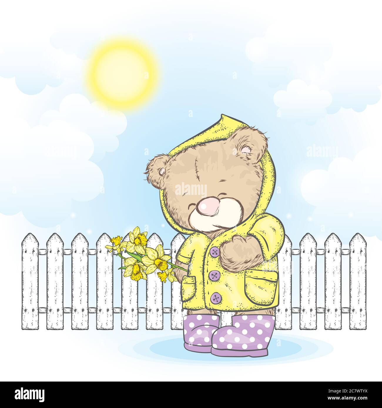 Cute teddy bear in a raincoat and rubber boots holding a bouquet of