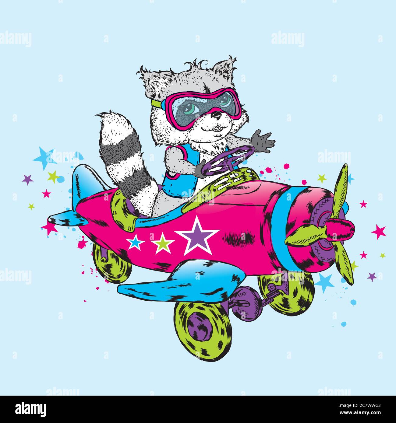 Cute raccoon is flying on an airplane. Vector illustration for a card ...