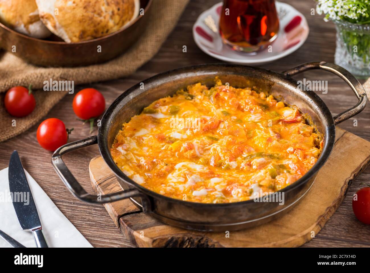 Traditional turkish breakfast food menemen made by eggs and tomatoes