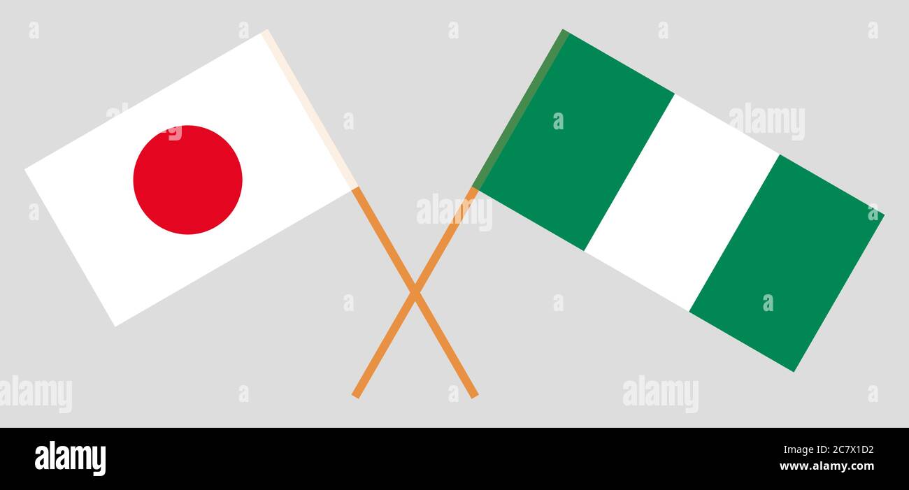 Crossed flags of Nigeria and Japan. Official colors. Correct proportion
