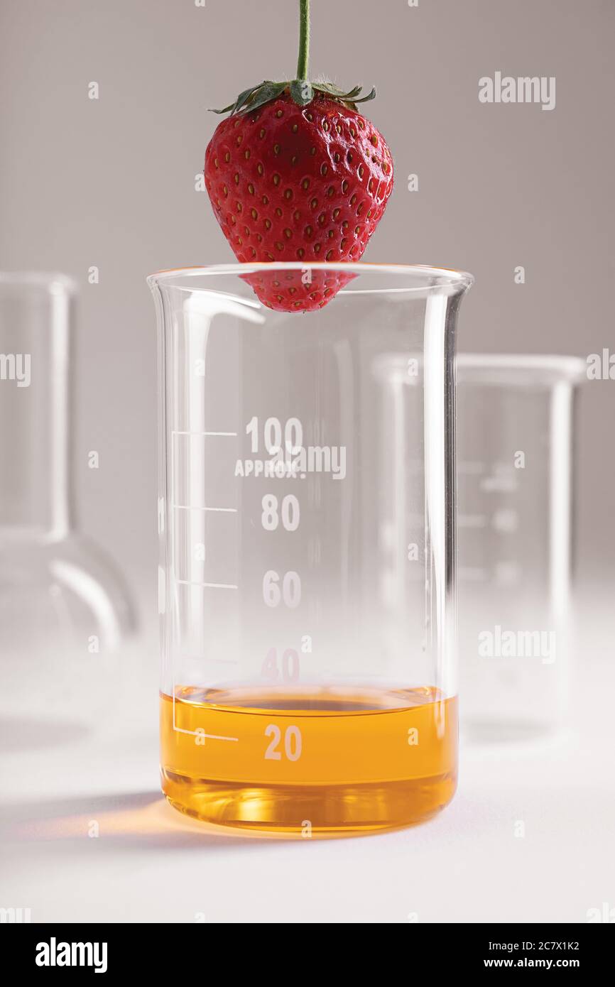 Vertical shot of a strawberry over a beaker with yellow liquid for DNA