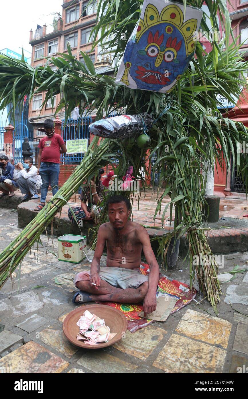 Mathmadus Demon Kathmandu, Nepal. 19th July, 2020. A man disguises as a demon sits ...