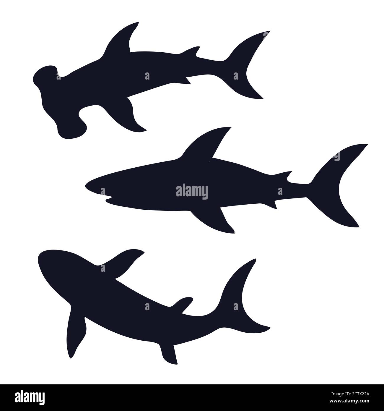 Black sharks silhouettes isolated on white background. Vector illustration. Stock Vector