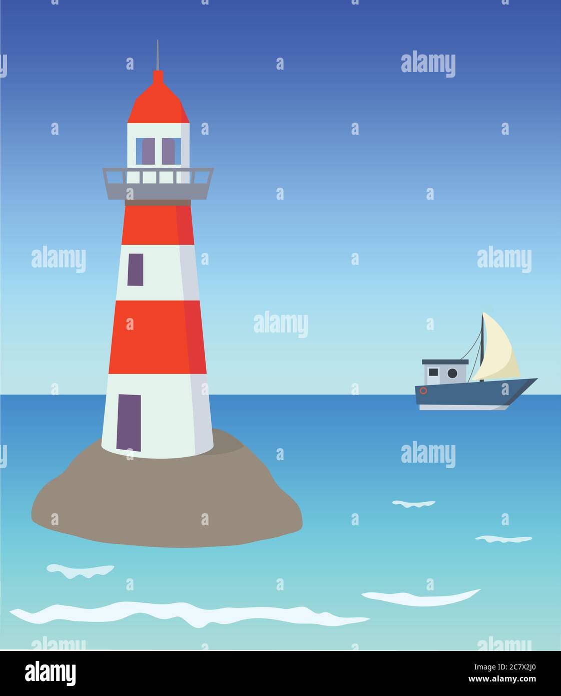 Sea vector background with blue sky, waves and lighthouse Stock Vector ...