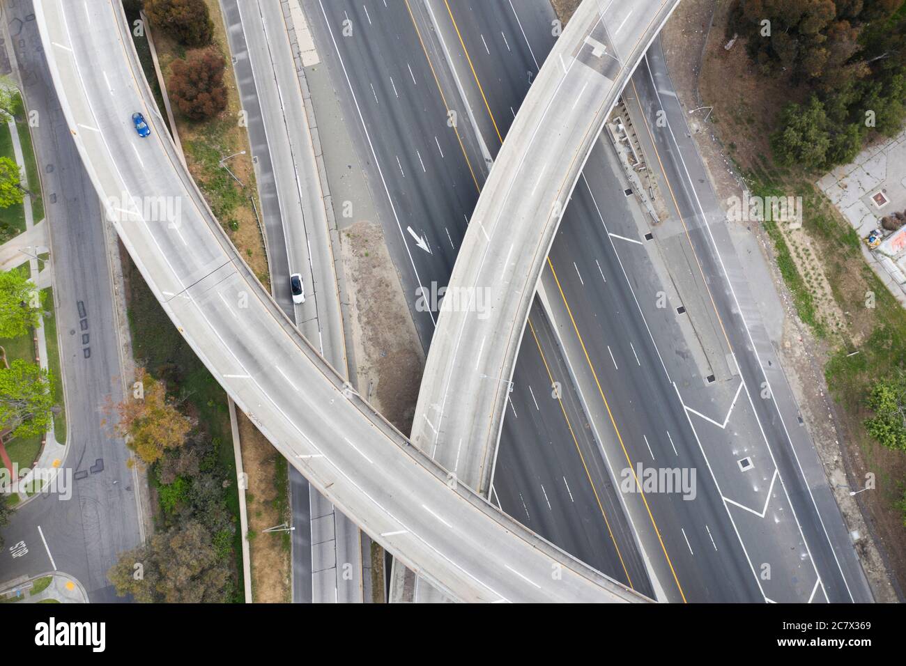 Empty Los Angeles freeway interchange aerial view Stock Photo