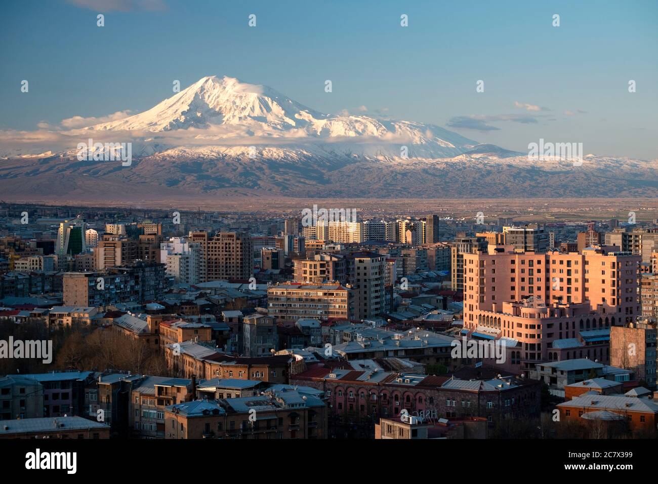Morning view of Mt. Ararat towering over the city skyline of Yerevan