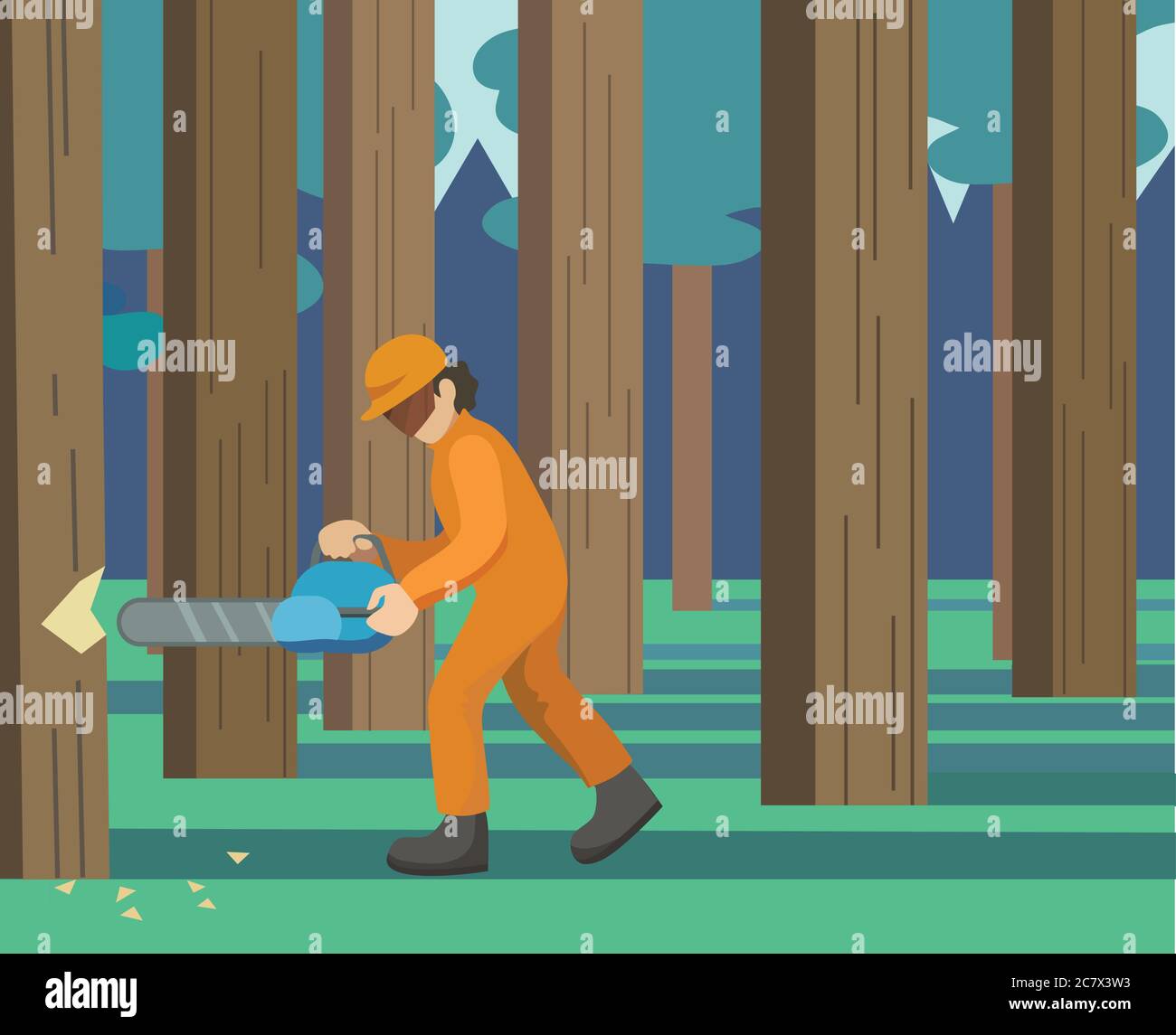 Vector illustration with lumber in the forest. Vector illustration of forestry industry. Stock Vector
