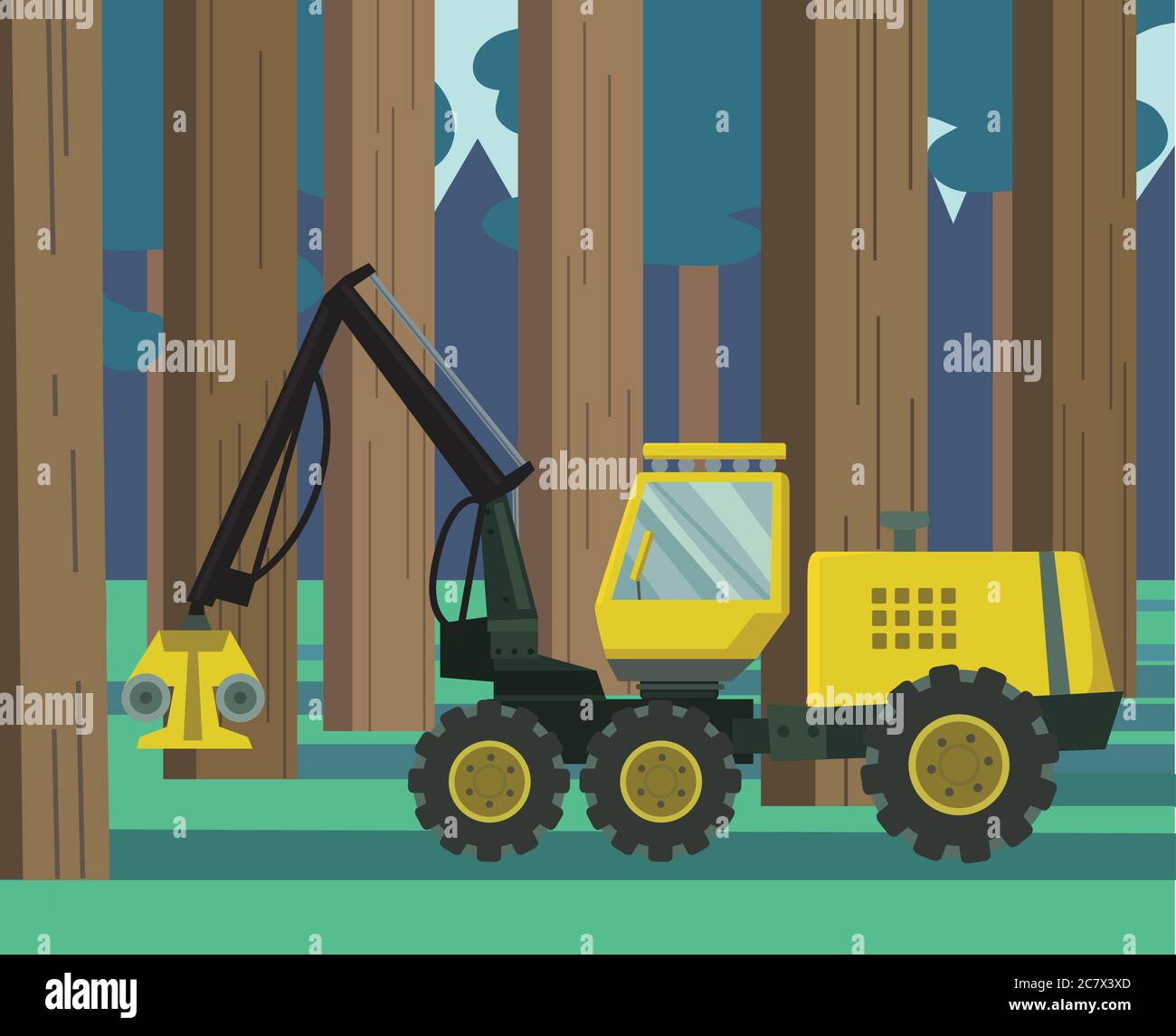 Vector illustration with harvester in the forest. Vector illustration of forestry industry. Stock Vector