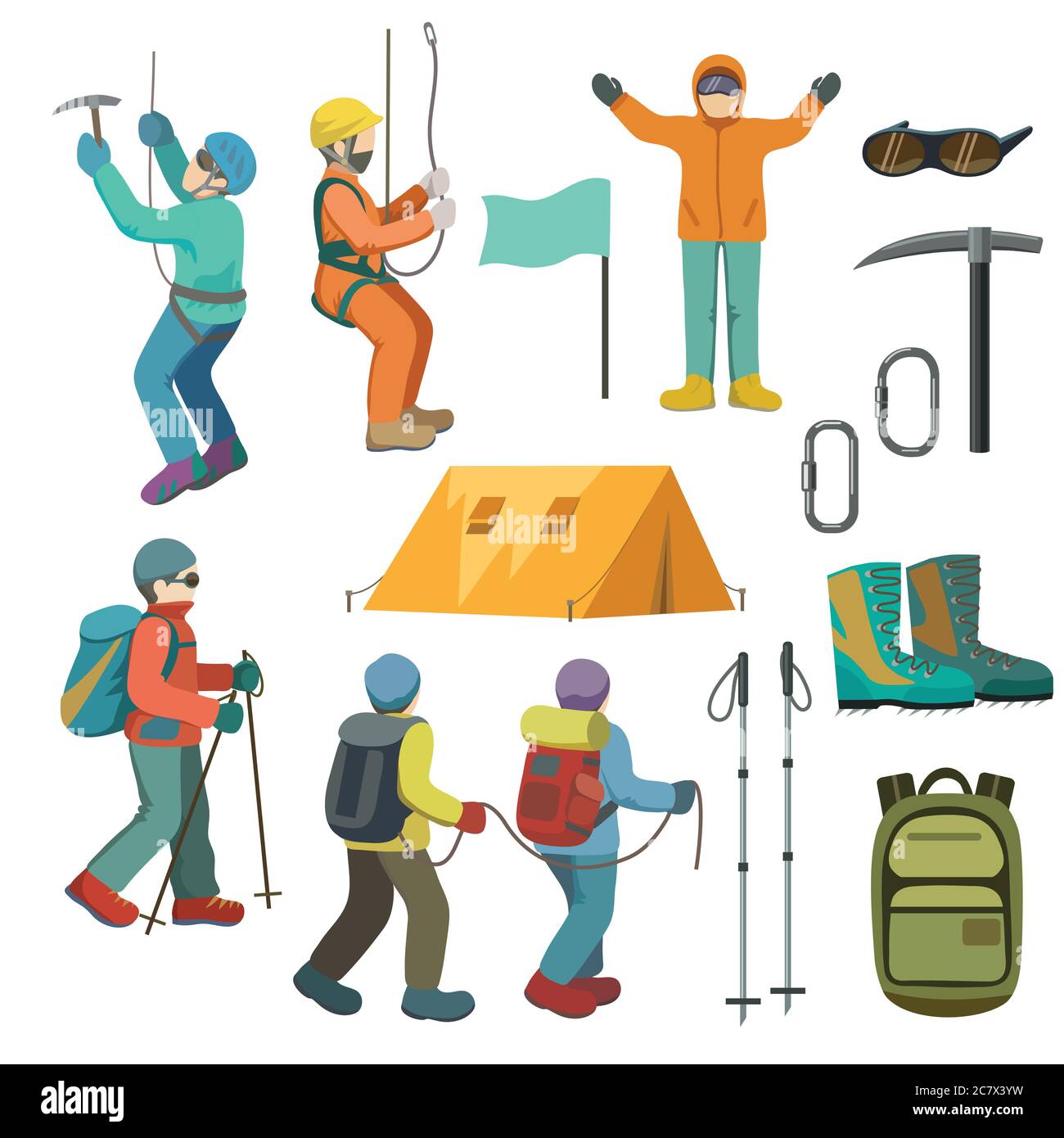 Set of mountaineers and climbing equipment. Vector illustration Stock