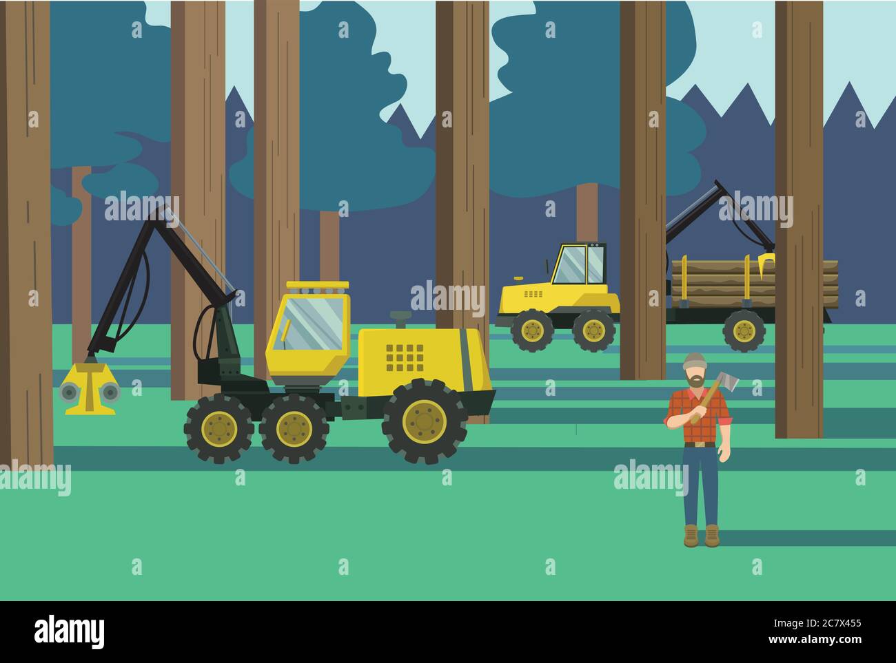 Vector illustration with lumber in the forest. Vector illustration of forestry industry. Stock Vector