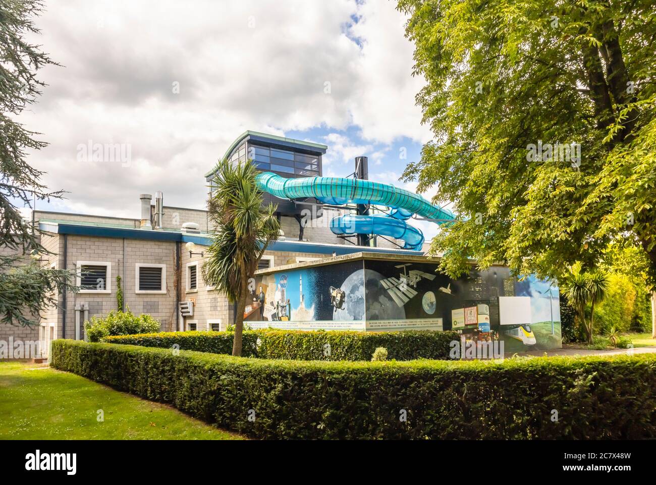 External water slide flume tubes at The Pool In The Park. Woking Park