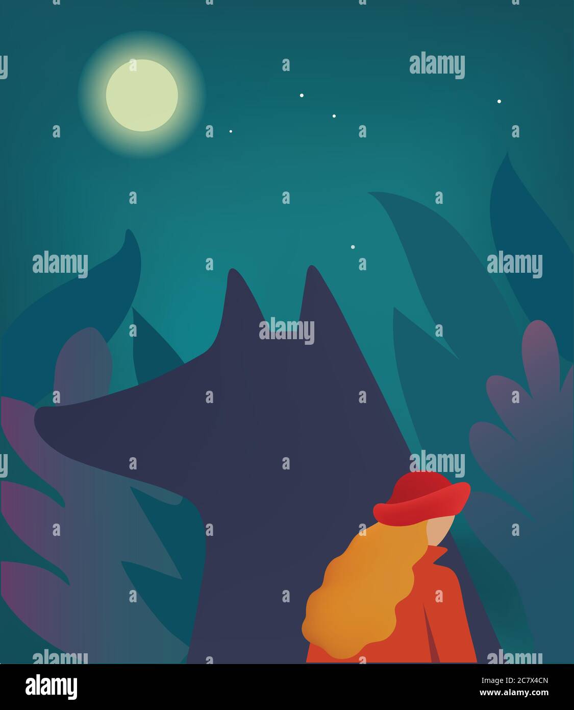 Little Red Riding Hood and wolf in the dark forest. Vector illustration ...