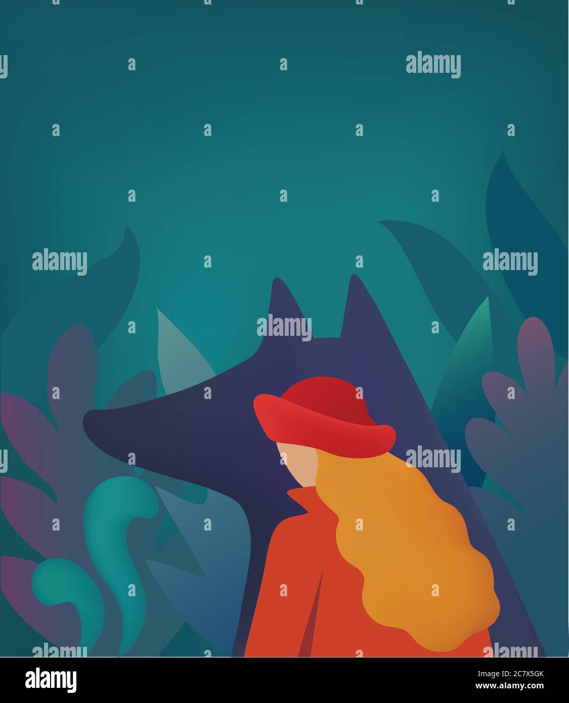 Little Red Riding Hood and wolf in the dark forest. Vector illustration ...