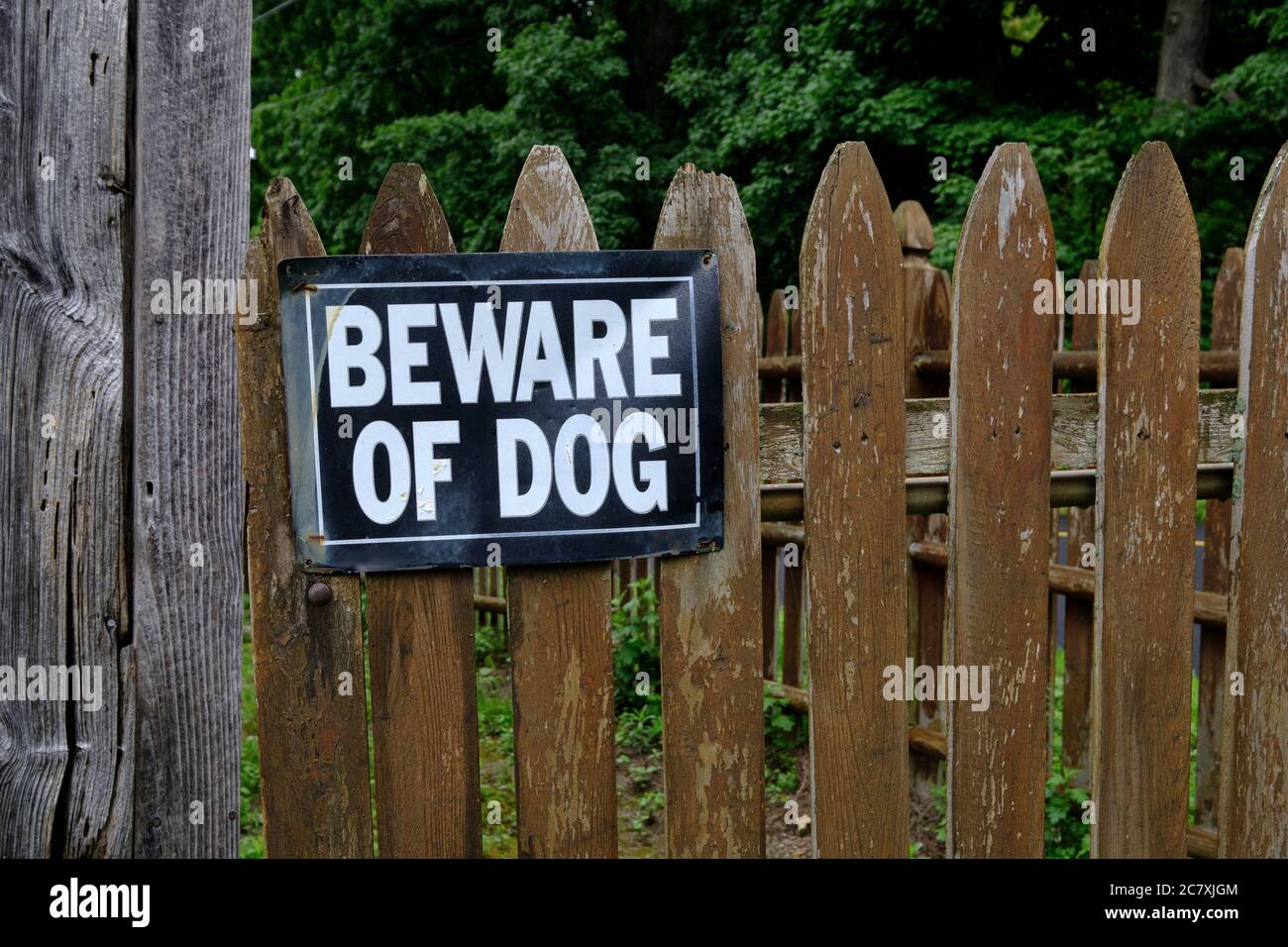 Photograph of a 'Beware of Dog' warning sign on an old, weathered, picket fence in the New England country side Stock Photo