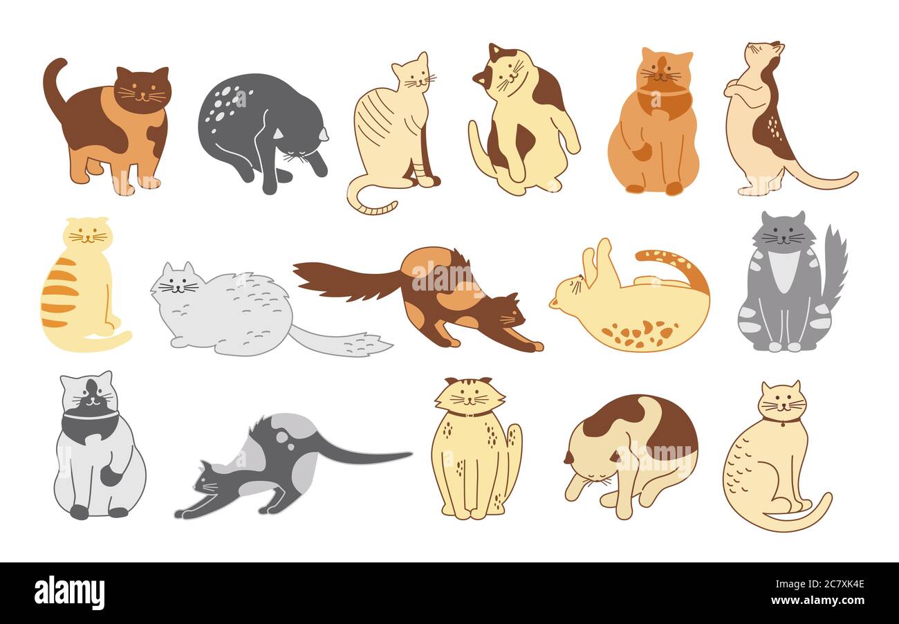 Cat character collection. Sketch cute flat cartoon design pet set. Different kitty breeds. Funny cats sitting, sleeping. Hand drawn animals contour lines. Isolated vector illustration Stock Vector