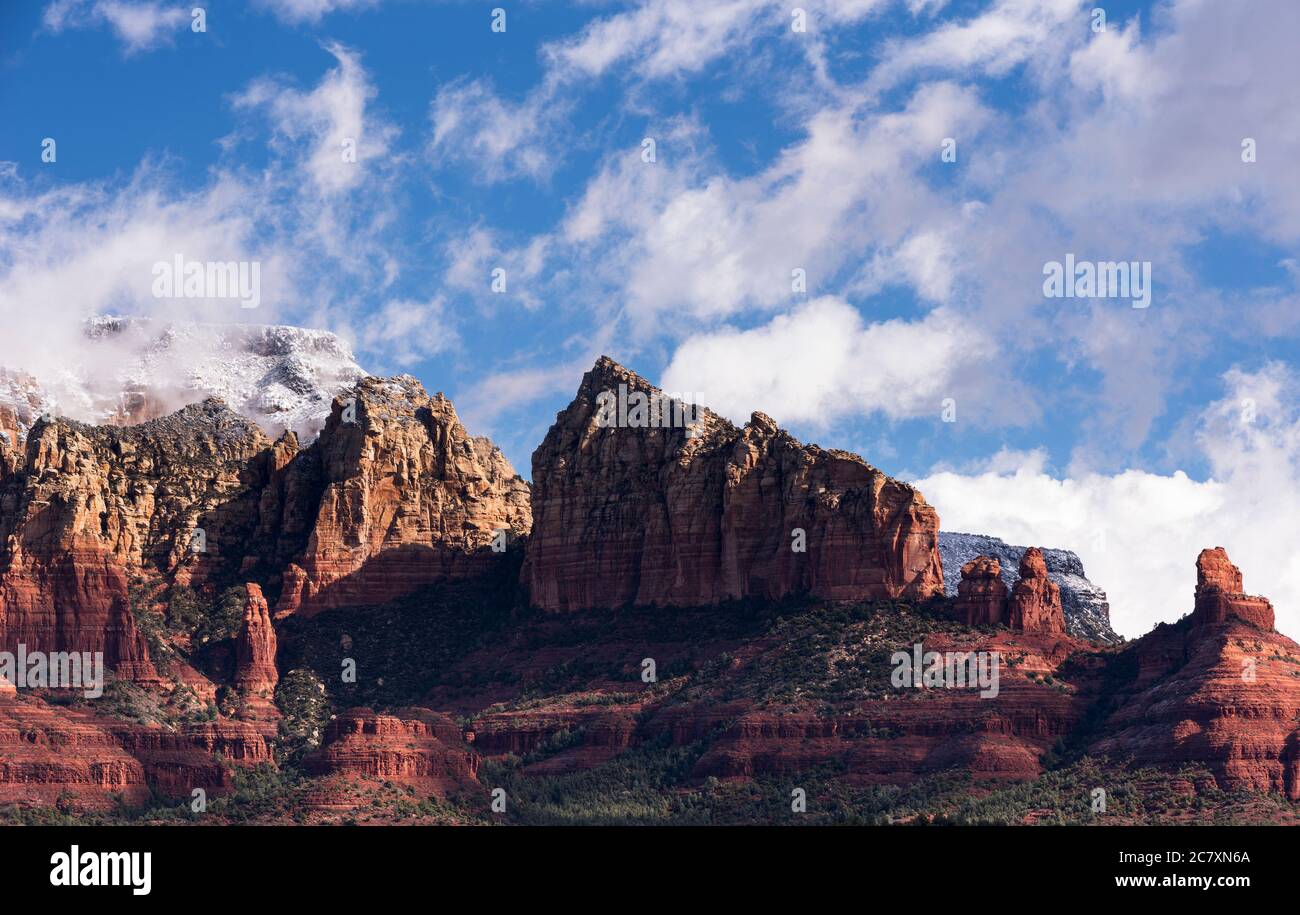 Scenic Shiprock after an early Spring Storm above Sedona, Arizona Stock
