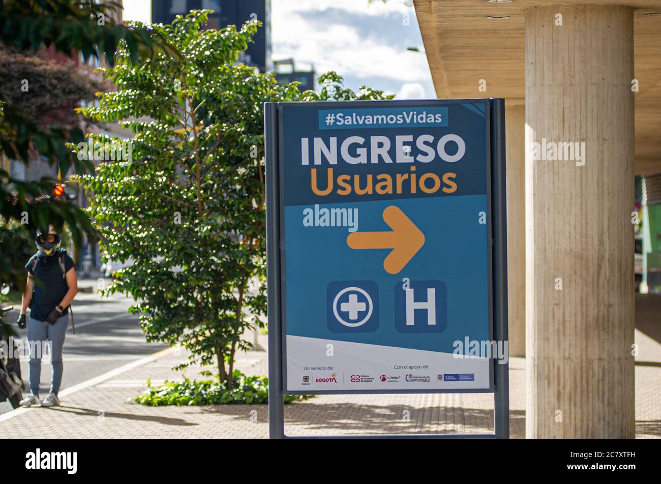 The entrance sign of the temporary hospital in the Corferias fair compound that now takes asymptomatic covid-19 patients as the hospital system now fa Stock Photo