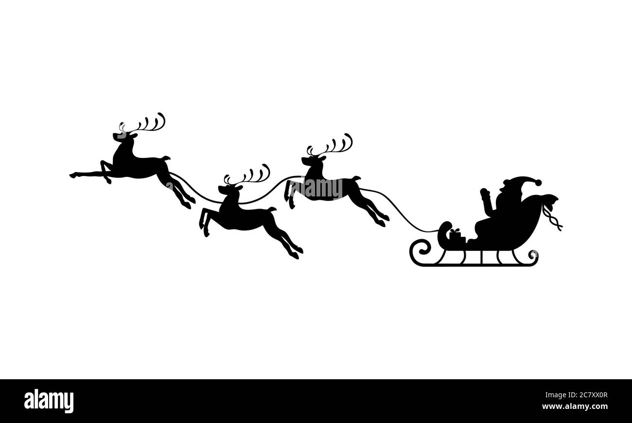 Santa's sleigh and reindeer silhouettes icon in black. Vector on isolated white background. EPS 10 Stock Vector