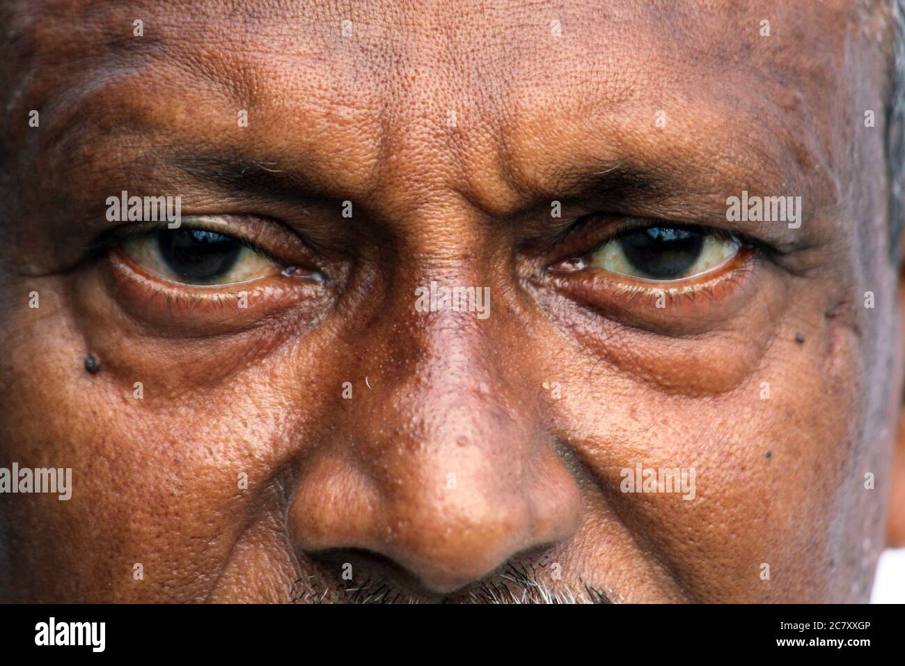 Senior Indian man's eyes and wrinkles on skin close view. Stock Photo