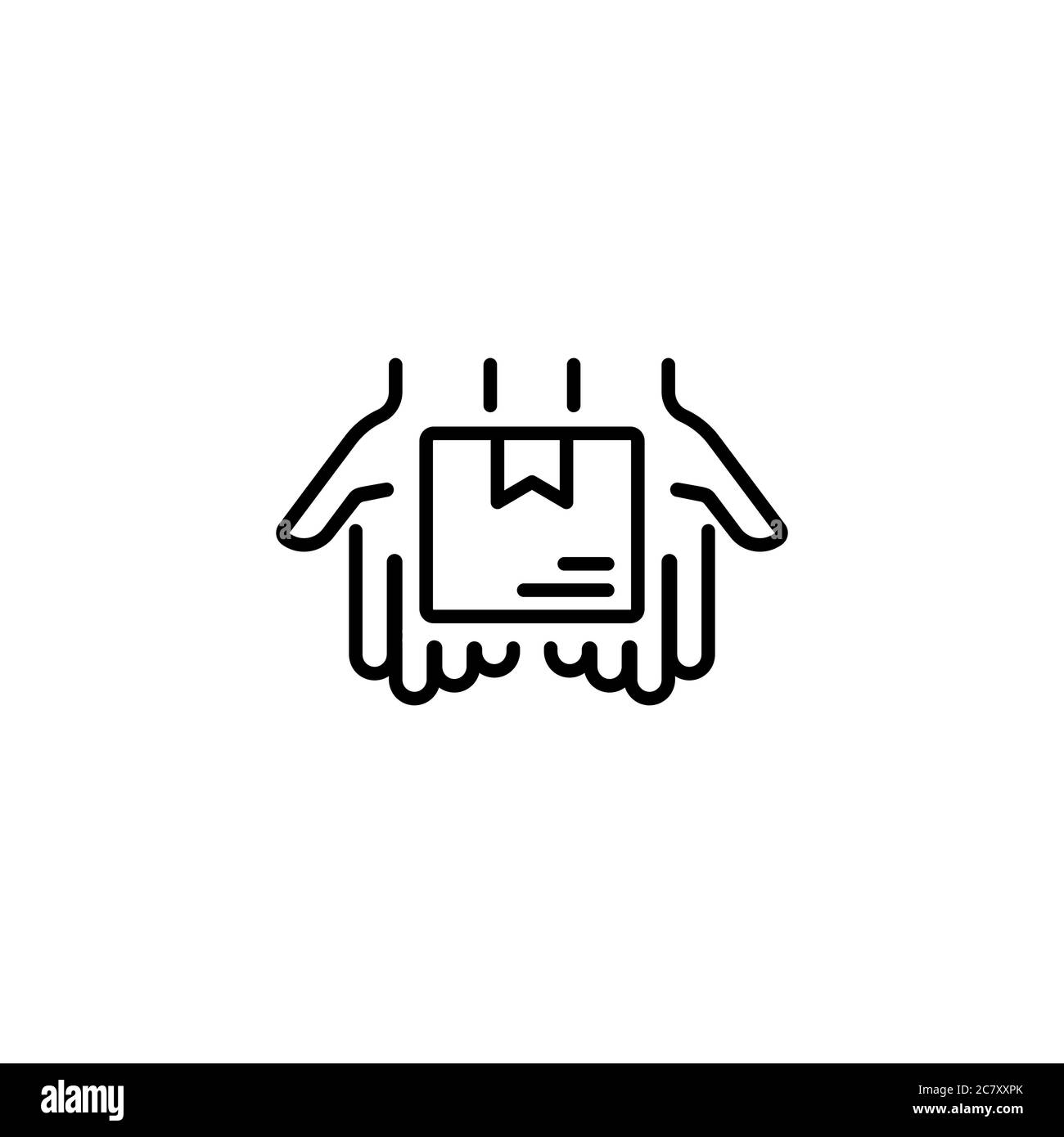 Delivery line icon. Hand holding package. Parcel box in palms . Shipment, shipping, courier service concepts, logo. Vector on isolated white Stock Vector