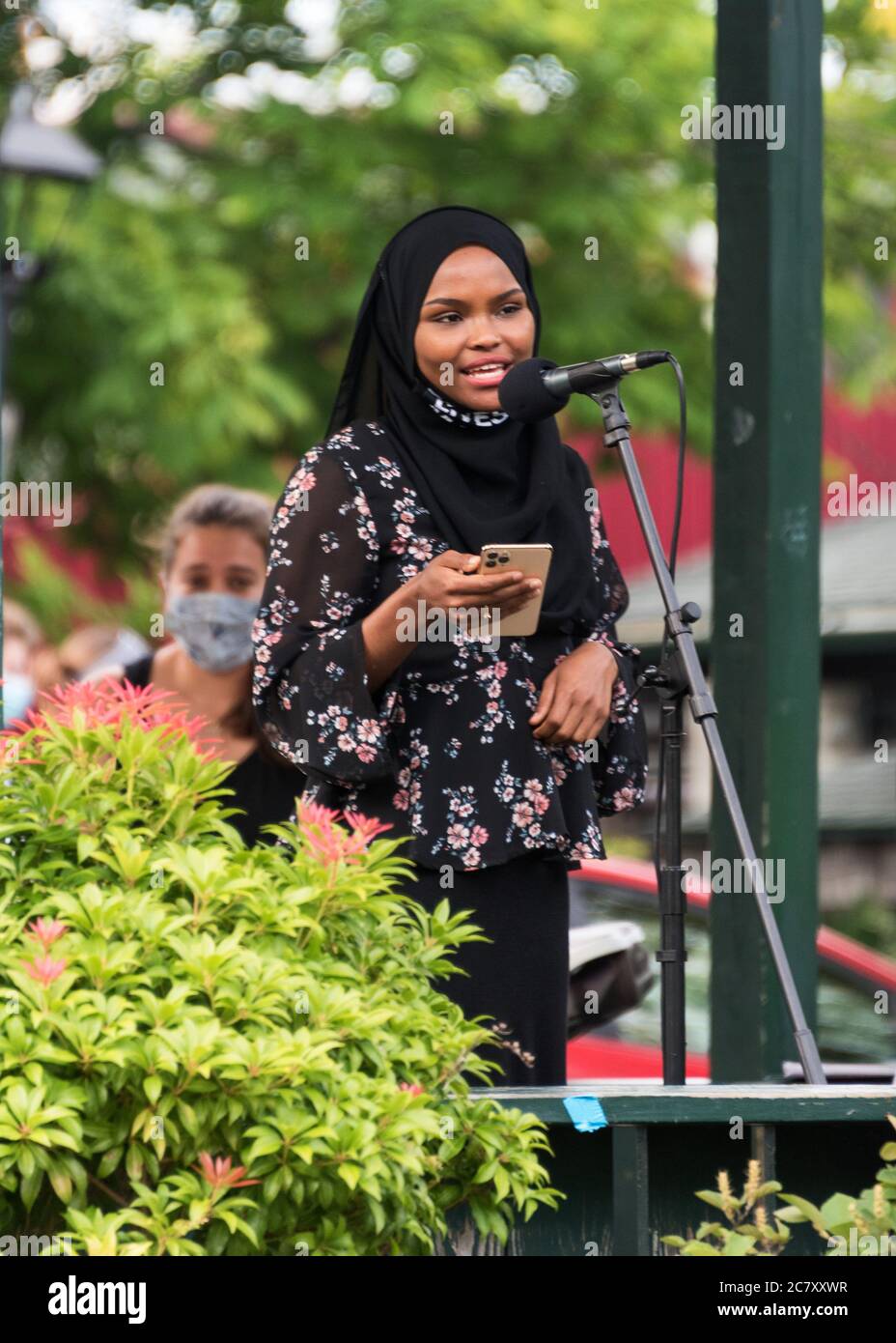 Bar Harbor, Maine. July 19, 2020. Safiya Khalid speaks at the MDI Racial Justice Coalition rally. Stock Photo
