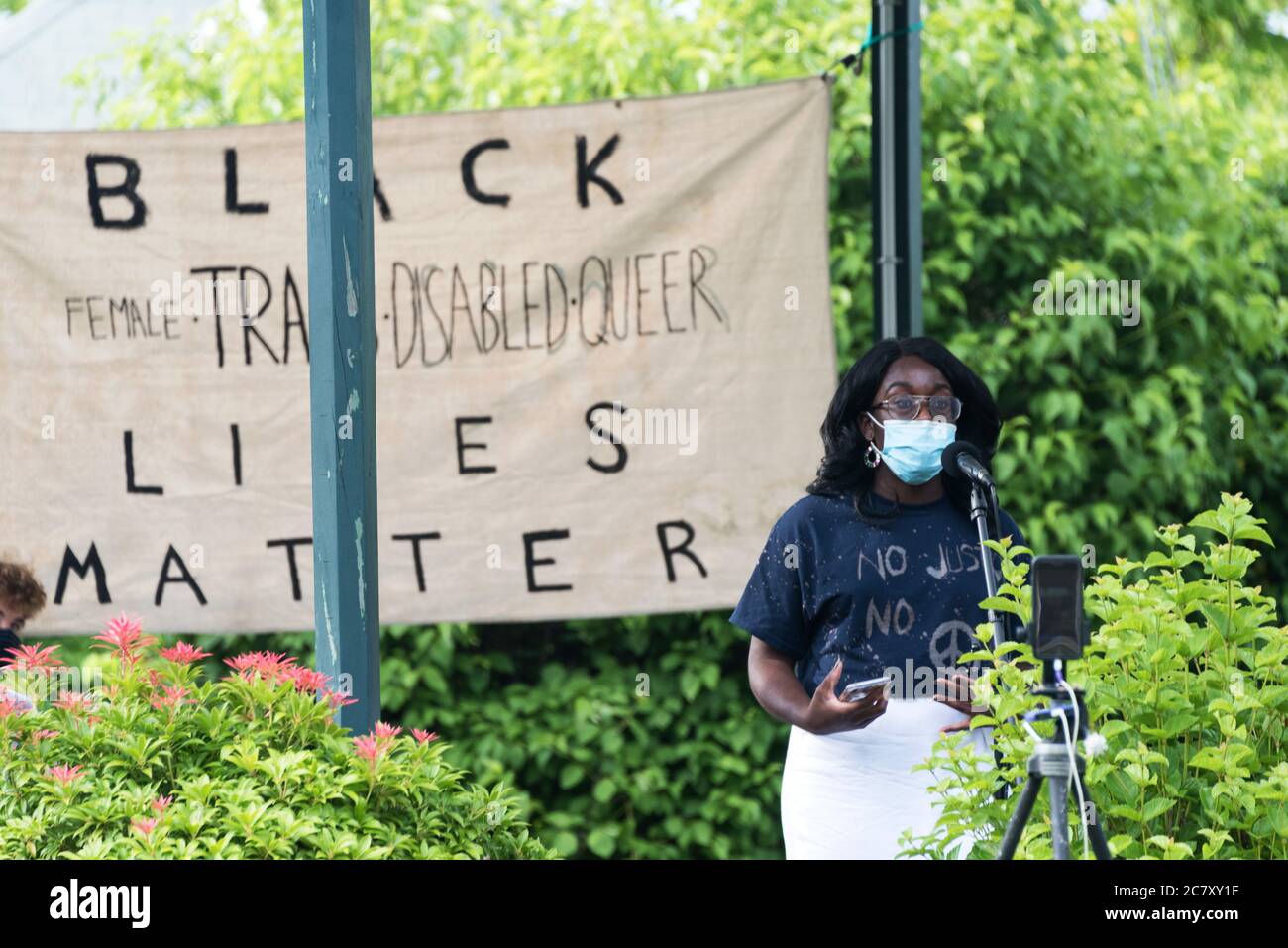 Bar Harbor, Maine. July 19, 2020. Amara Ifeji speaks at the MDI Racial Justice Coalition rally. Stock Photo