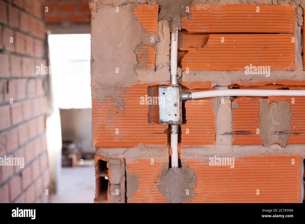 Electrical socket arrangement on a wall in a construction site Stock ...