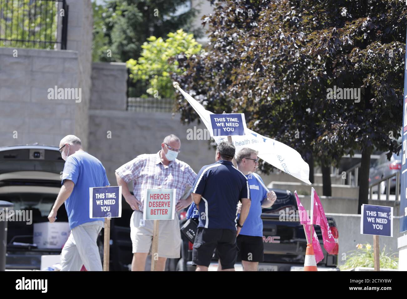 Essential Services workers are seen protesting in front of the St. Joseph’s hospital, against Ontario government bill 195 Stock Photo