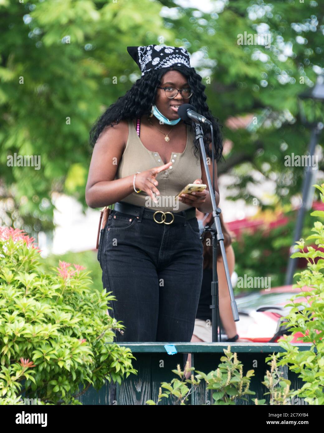 Bar Harbor, Maine. July 19, 2020. Kosi Ifeji speaks at the MDI Racial Justice Coalition rally in support of Black Lives Matter. Stock Photo