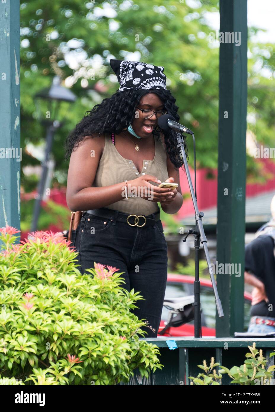 Bar Harbor, Maine. July 19, 2020. Kosi Ifeji speaks at the MDI Racial Justice Coalition rally in support of Black Lives Matter. Stock Photo