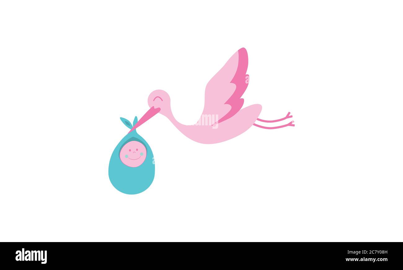 Cute cartoon vector of a pink stork or bird holding a happy and smiling  newborn baby in a teal pouch with beak, flying and delivering the child  Stock Vector Image & Art -