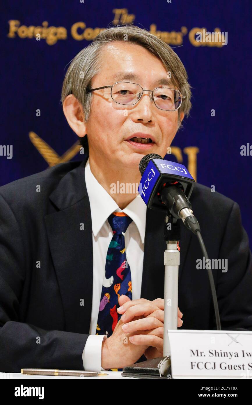Dr. Shinya Iwamuro urologist and public health advocate speaks during a news conference at The Foreign Correspondents' Club of Japan (FCCJ) on July 20, 2020, Tokyo, Japan. Kaori Kohga, who is representing hostess workers and clubs across Japan, came to the Club alongside Dr. Iwamuro to talk about the challenges of nightlife workers amid coronavirus pandemic, in which recent infection cases have been rises among people in their 20s and 30s. Credit: Rodrigo Reyes Marin/AFLO/Alamy Live News Stock Photo