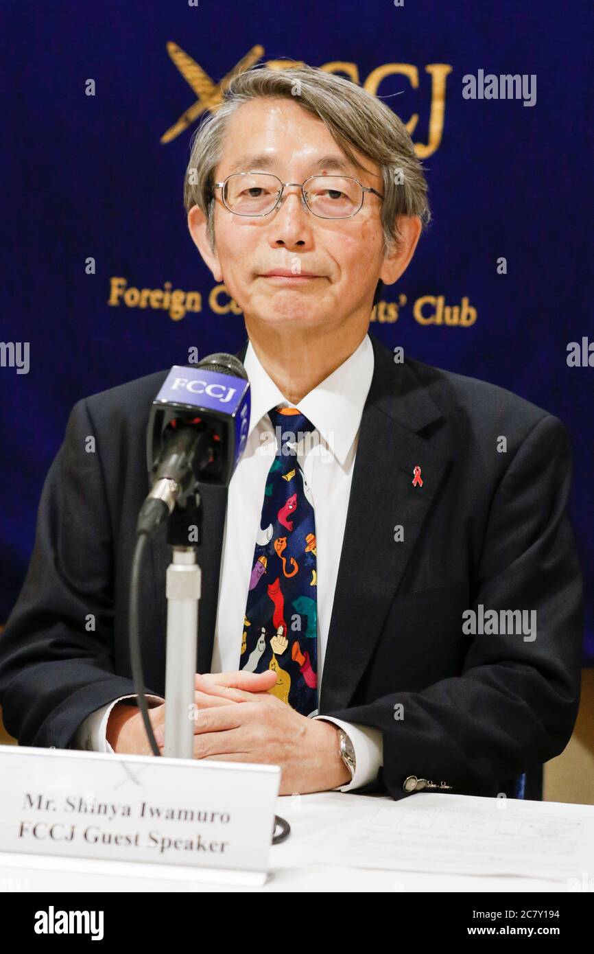 Dr. Shinya Iwamuro urologist and public health advocate attends a news conference at The Foreign Correspondents' Club of Japan (FCCJ) on July 20, 2020, Tokyo, Japan. Kaori Kohga, who is representing hostess workers and clubs across Japan, came to the Club alongside Dr. Iwamuro to talk about the challenges of nightlife workers amid coronavirus pandemic, in which recent infection cases have been rises among people in their 20s and 30s. Credit: Rodrigo Reyes Marin/AFLO/Alamy Live News Stock Photo