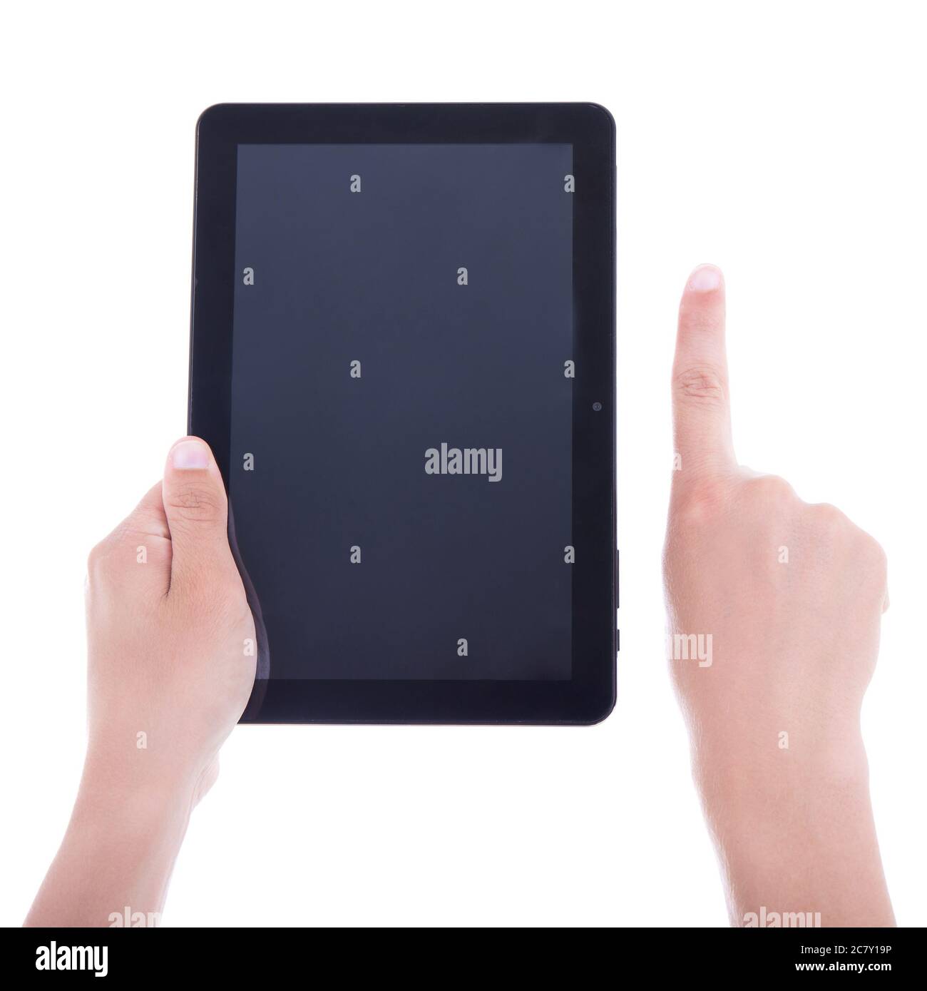 hands using tablet computer with blank screen isolated on white ...