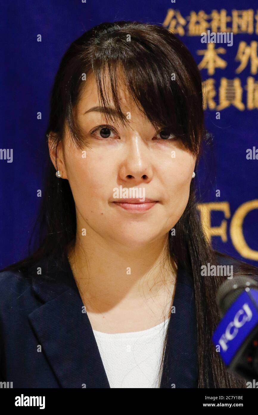 Kaori Kohga head of the Nightlife Business Association attends a news conference at The Foreign Correspondents' Club of Japan (FCCJ) on July 20, 2020, Tokyo, Japan. Kohga, who is representing hostess workers and clubs across Japan, came to the Club alongside Dr. Shinya Iwamuro to talk about the challenges of nightlife workers amid coronavirus pandemic, in which recent infection cases have been rises among people in their 20s and 30s. Credit: Rodrigo Reyes Marin/AFLO/Alamy Live News Stock Photo