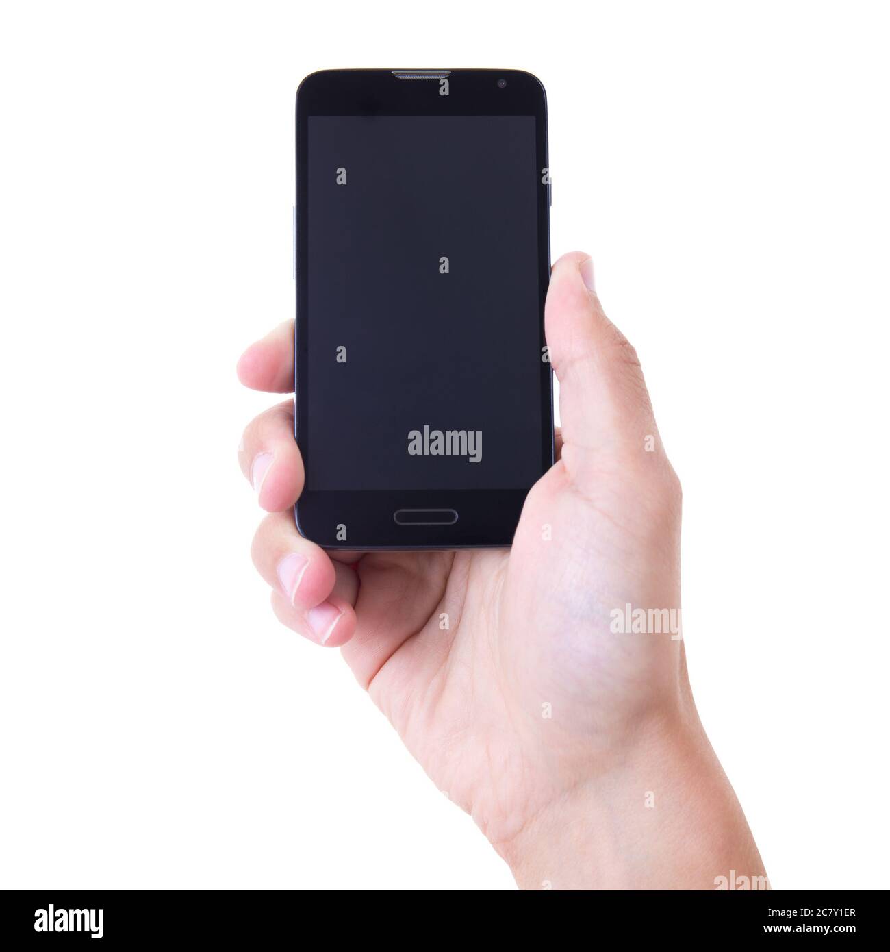 hand holding mobile smart phone with blank screen isolated on white ...