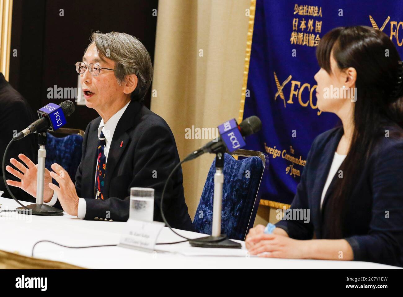 (L to R) Dr. Shinya Iwamuro urologist and public health advocate and Kaori Kohga head of the Nightlife Business Association, speak during a news conference at The Foreign Correspondents' Club of Japan (FCCJ) on July 20, 2020, Tokyo, Japan. Kohga, who is representing hostess workers and clubs across Japan, came to the Club alongside Dr. Iwamuro to talk about the challenges of nightlife workers amid coronavirus pandemic, in which recent infection cases have been rises among people in their 20s and 30s. Credit: Rodrigo Reyes Marin/AFLO/Alamy Live News Stock Photo