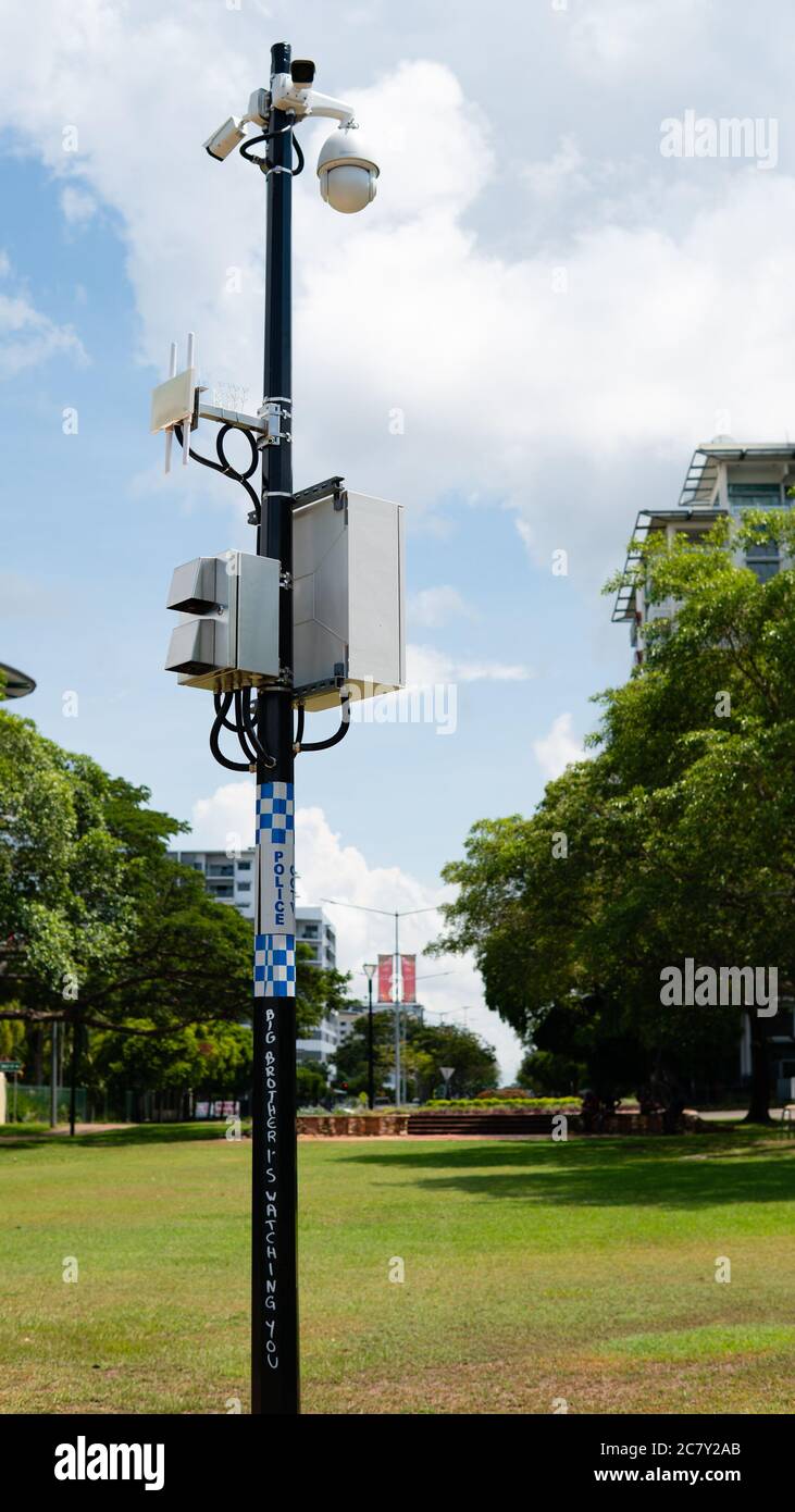 FIX POLICE CAMERA TAGGED  'BIG BROTHER IS WATCHING YOU' IN THE PARK OF DARWIN AUSTRALIA WITH. DARWIN-AUSTRALIA-NOVEMBER-2019 Stock Photo