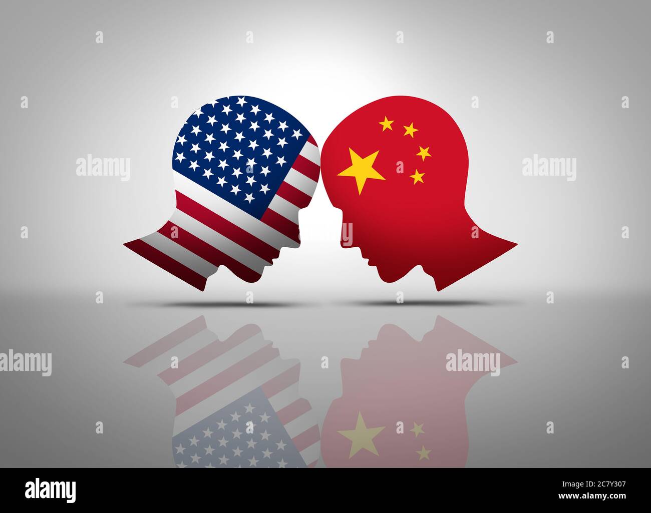 US China conflict and USA or United States trade and American tariffs conflict with two opposing trading partners as an economic import and exports. Stock Photo