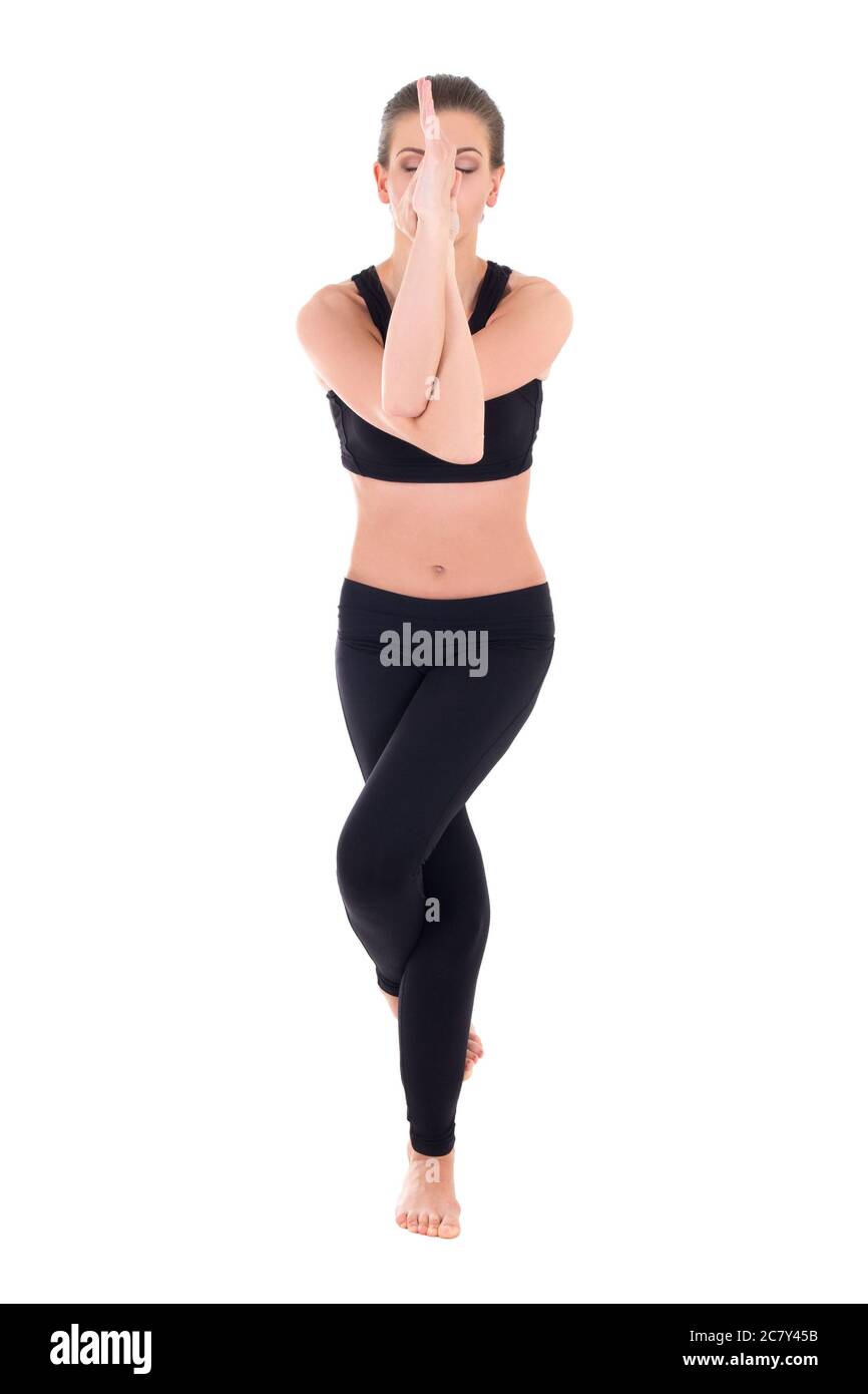 slim and flexible woman doing yoga isolated on white background Stock ...