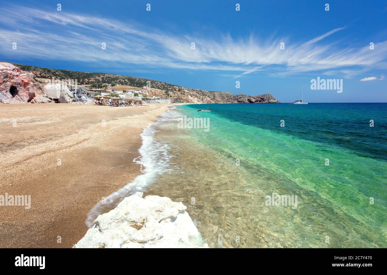 Beautiful natural colors of Firiplaka beach, Milos, Greece. Tourism destination in Mediterranean Sea Stock Photo