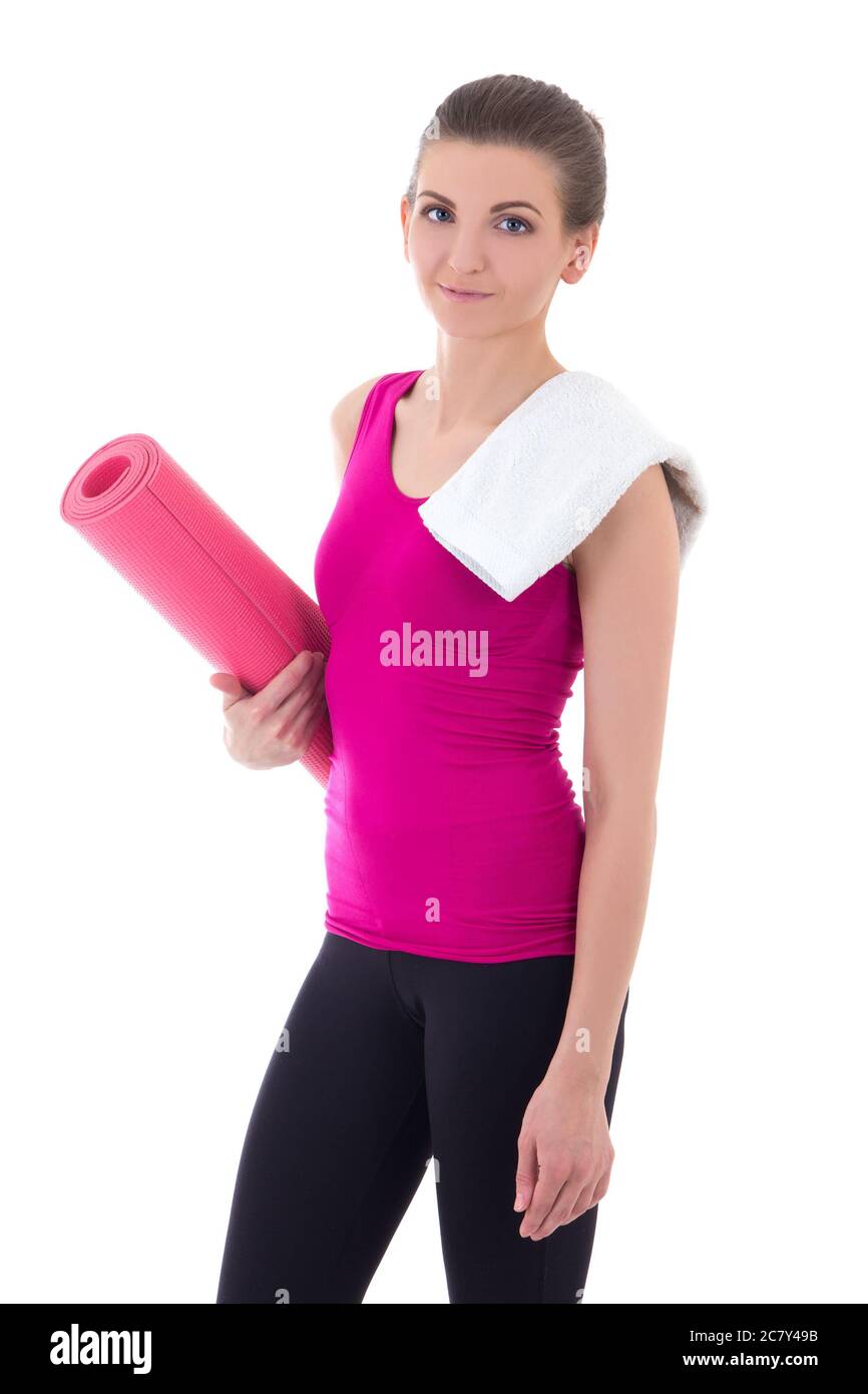 pretty slim woman with yoga mat isolated on white background Stock Photo -  Alamy