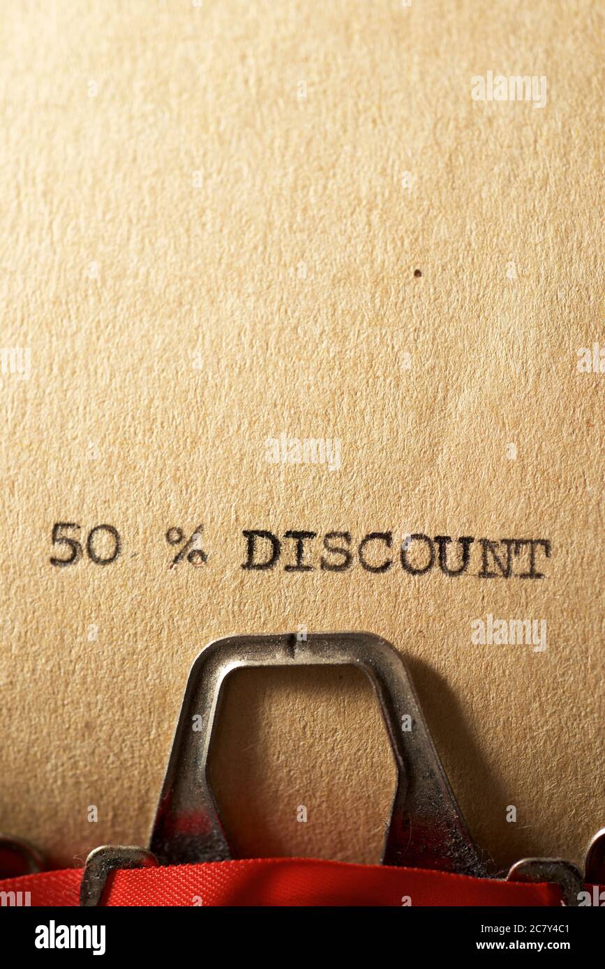 50 % discount text written with a typewriter Stock Photo - Alamy