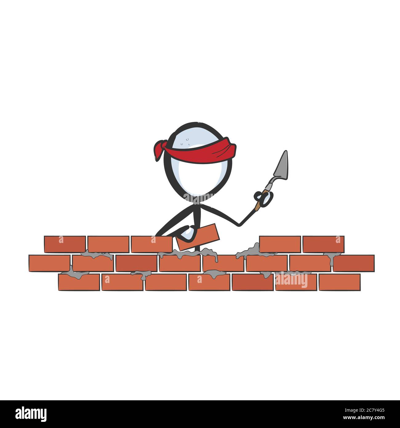 Construction worker laying bricks. Vector simple stickman. Building installing red bricks house. no face clipart cartoon. Hand drawn. Doodle sketch Stock Vector
