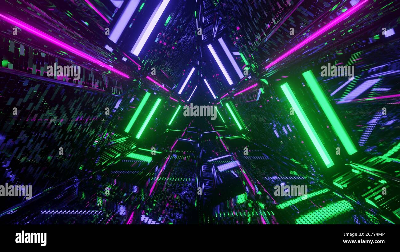 Closeup shot of colorful neon lights forming triangular shapes in ...