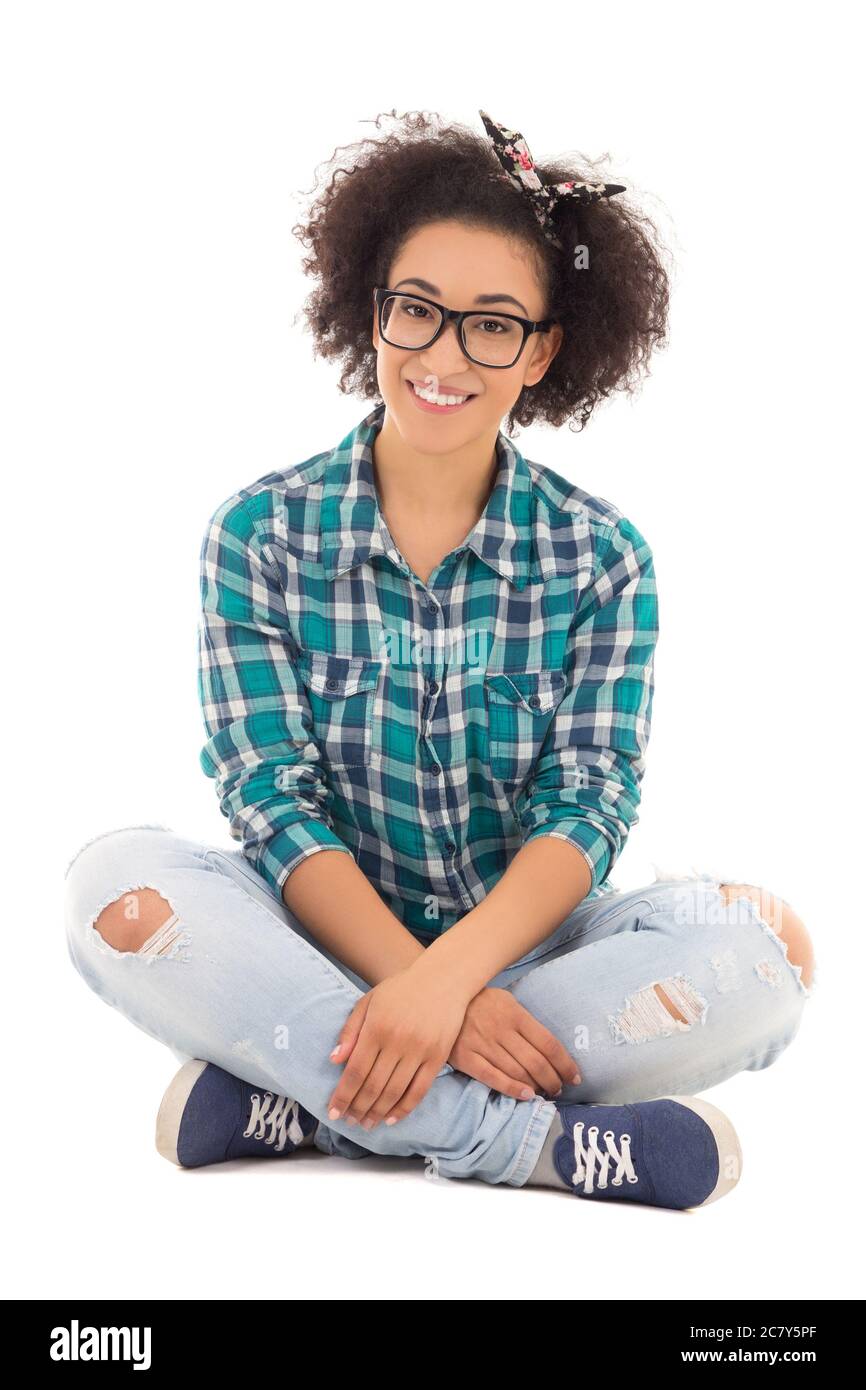 portrait of happy beautiful african american teenage girl sitting ...