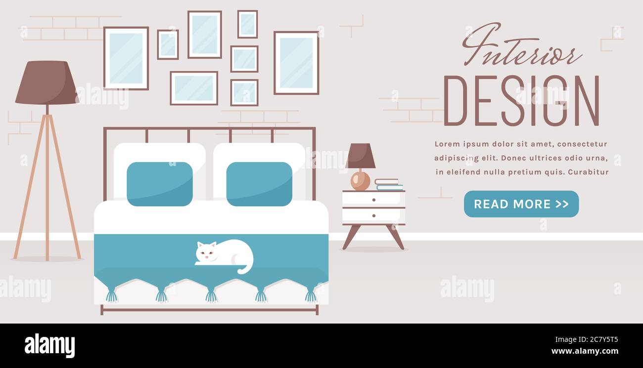 Bedroom Interior Vector Web Banner With Place For Text Modern Cozy Room Design With Double Bed Bedside Table Floor Lamp And Decor Accessories Ho Stock Vector Image Art Alamy
