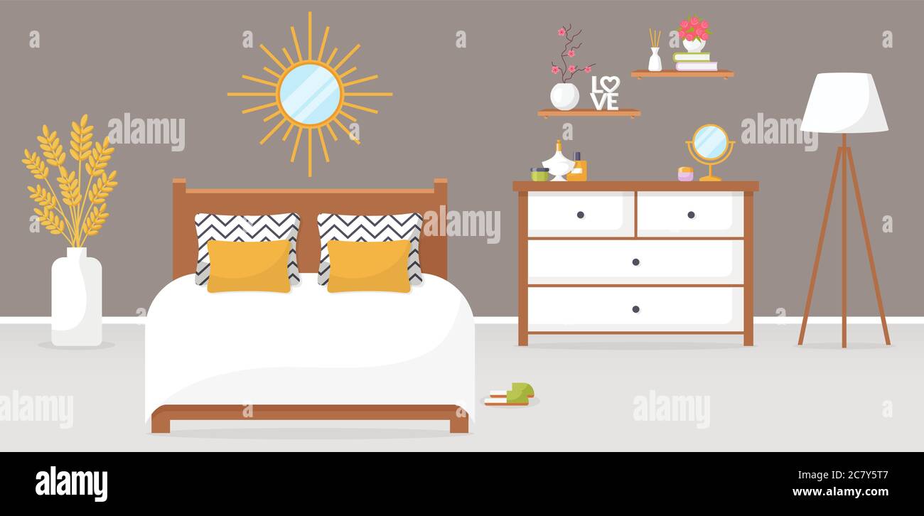 Bedroom interior. Vector illustration. Design of a trendy cozy room with double bed, dresser, mirror, torchere, and decor accessories. Home furnishing Stock Vector