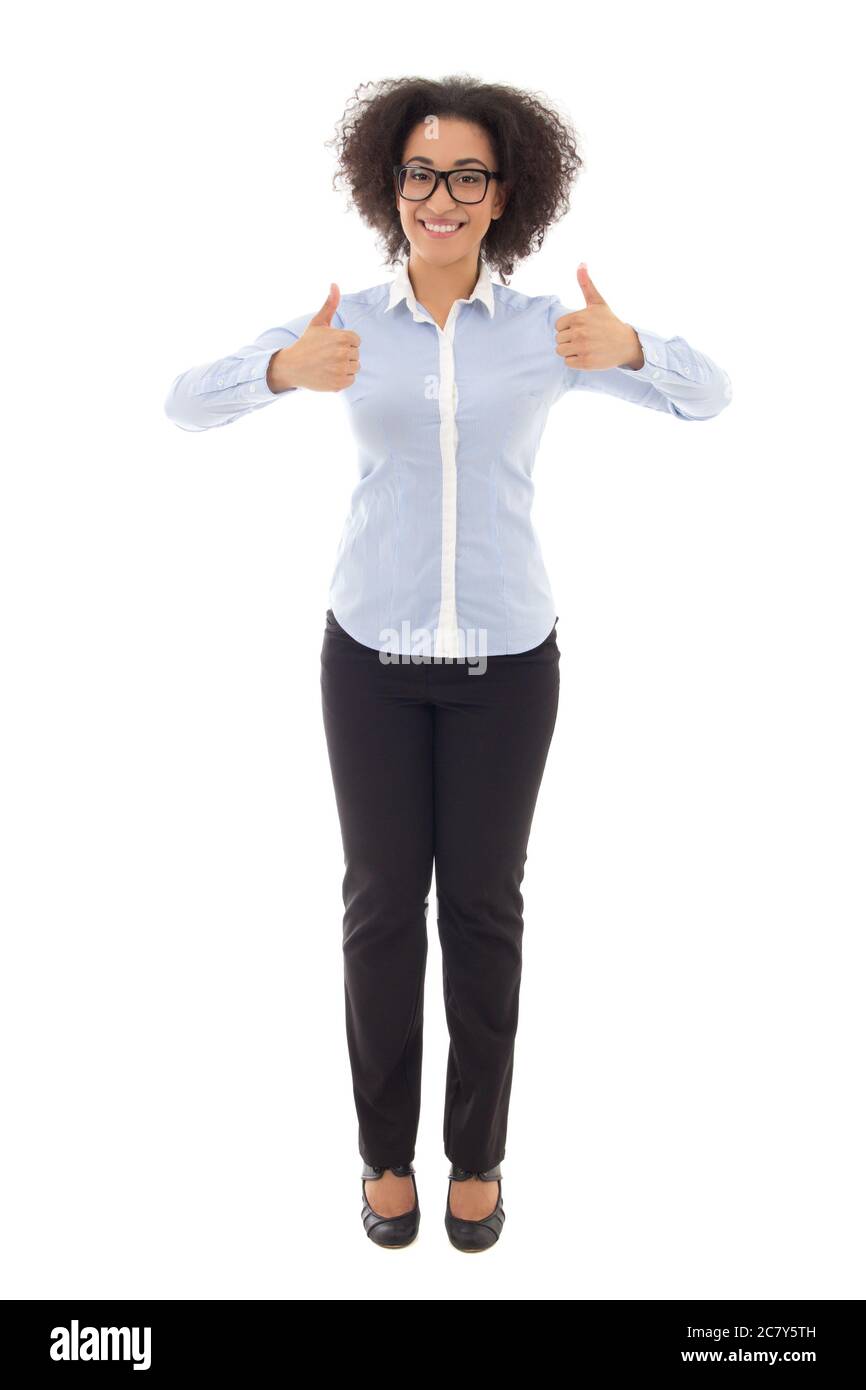 full length portrait of happy african american business woman thumbs up ...