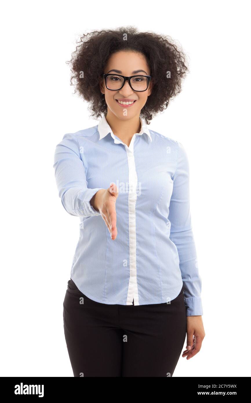 young beautiful african american business woman ready to handshake ...